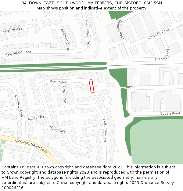 34, DOWNLEAZE, SOUTH WOODHAM FERRERS, CHELMSFORD, CM3 5SN: Location map and indicative extent of plot