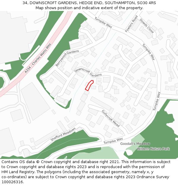 34, DOWNSCROFT GARDENS, HEDGE END, SOUTHAMPTON, SO30 4RS: Location map and indicative extent of plot