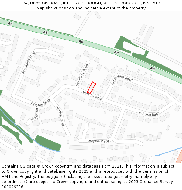 34, DRAYTON ROAD, IRTHLINGBOROUGH, WELLINGBOROUGH, NN9 5TB: Location map and indicative extent of plot