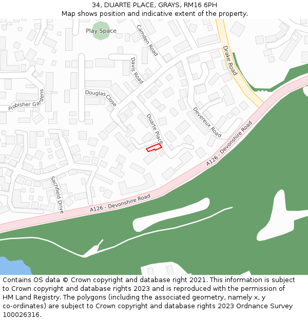 34, DUARTE PLACE, GRAYS, RM16 6PH: Location map and indicative extent of plot