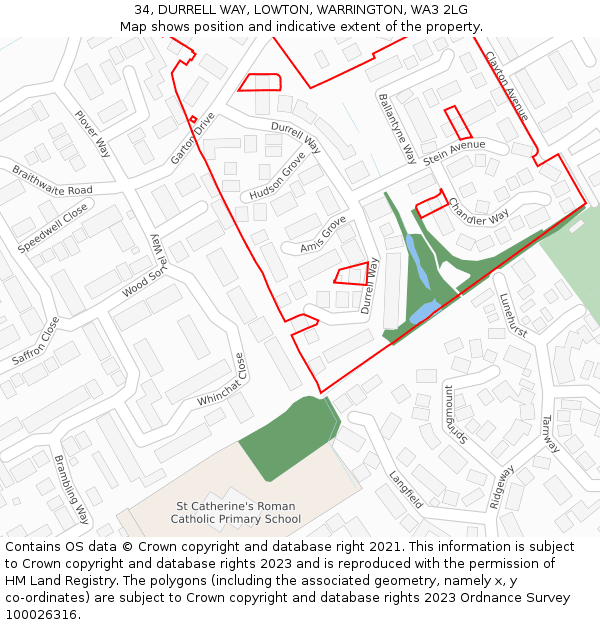 34, DURRELL WAY, LOWTON, WARRINGTON, WA3 2LG: Location map and indicative extent of plot