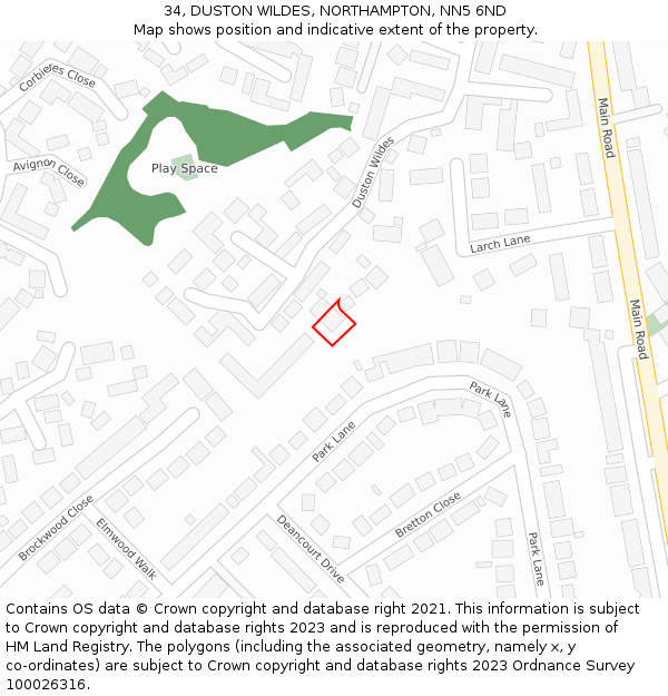 34, DUSTON WILDES, NORTHAMPTON, NN5 6ND: Location map and indicative extent of plot