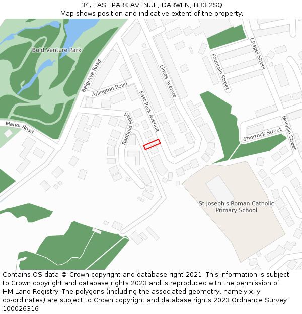 34, EAST PARK AVENUE, DARWEN, BB3 2SQ: Location map and indicative extent of plot