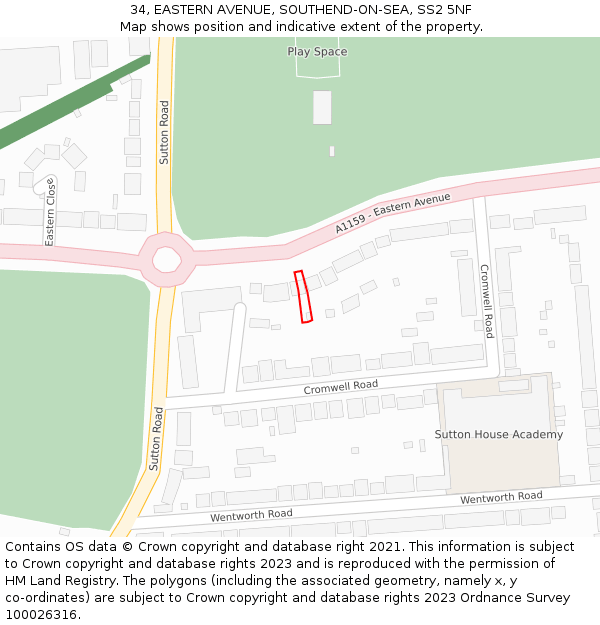 34, EASTERN AVENUE, SOUTHEND-ON-SEA, SS2 5NF: Location map and indicative extent of plot