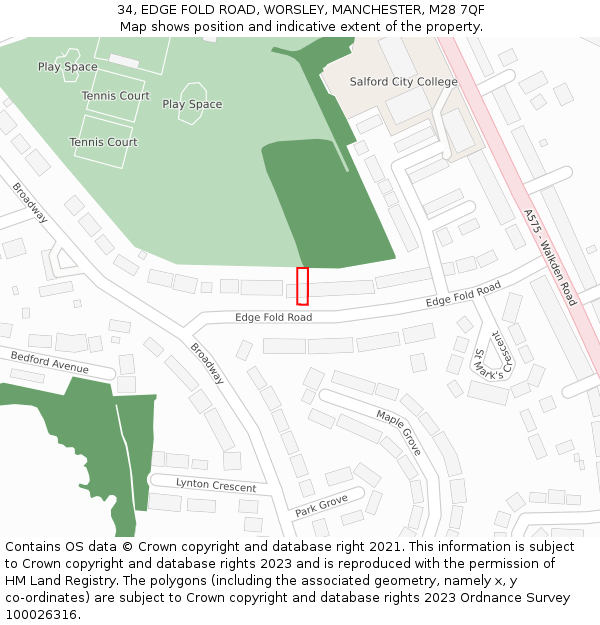 34, EDGE FOLD ROAD, WORSLEY, MANCHESTER, M28 7QF: Location map and indicative extent of plot