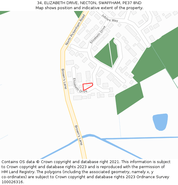 34, ELIZABETH DRIVE, NECTON, SWAFFHAM, PE37 8ND: Location map and indicative extent of plot