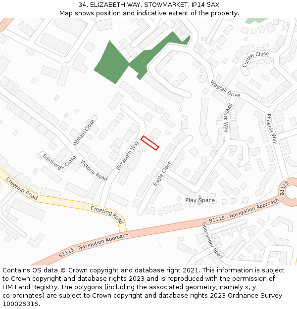 34, ELIZABETH WAY, STOWMARKET, IP14 5AX: Location map and indicative extent of plot