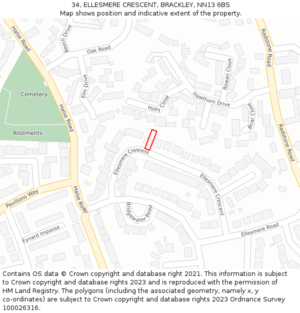 34, ELLESMERE CRESCENT, BRACKLEY, NN13 6BS: Location map and indicative extent of plot