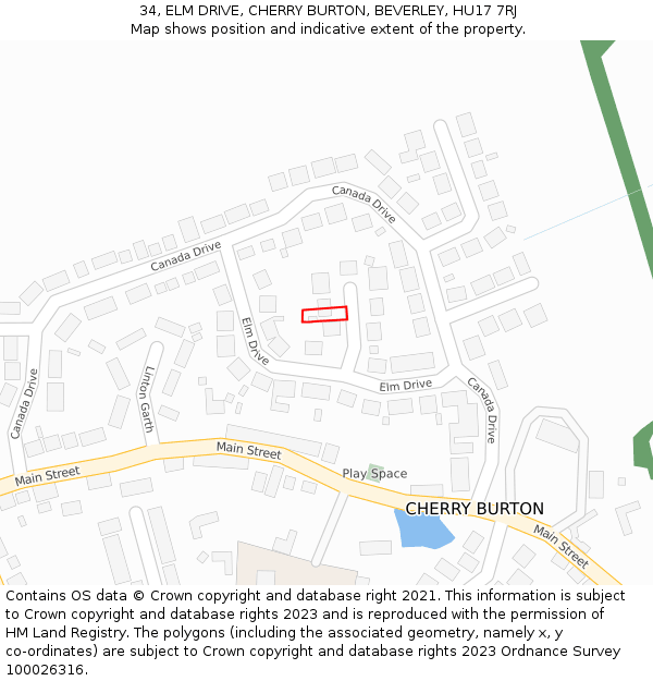 34, ELM DRIVE, CHERRY BURTON, BEVERLEY, HU17 7RJ: Location map and indicative extent of plot