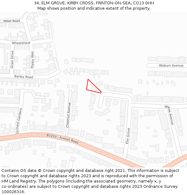 34, ELM GROVE, KIRBY CROSS, FRINTON-ON-SEA, CO13 0HH: Location map and indicative extent of plot