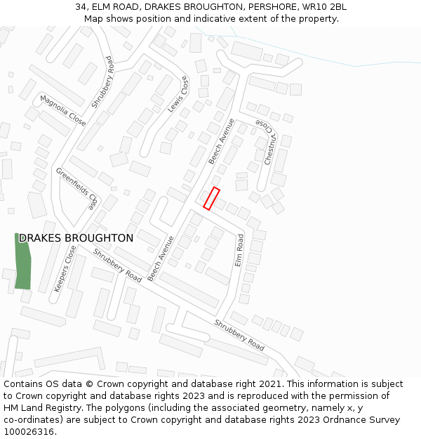 34, ELM ROAD, DRAKES BROUGHTON, PERSHORE, WR10 2BL: Location map and indicative extent of plot