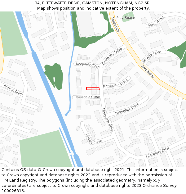 34, ELTERWATER DRIVE, GAMSTON, NOTTINGHAM, NG2 6PL: Location map and indicative extent of plot