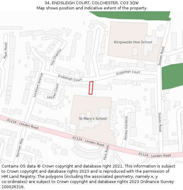 34, ENDSLEIGH COURT, COLCHESTER, CO3 3QW: Location map and indicative extent of plot