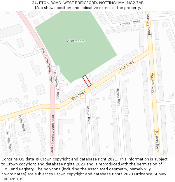 34, ETON ROAD, WEST BRIDGFORD, NOTTINGHAM, NG2 7AR: Location map and indicative extent of plot