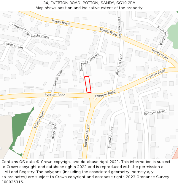 34, EVERTON ROAD, POTTON, SANDY, SG19 2PA: Location map and indicative extent of plot