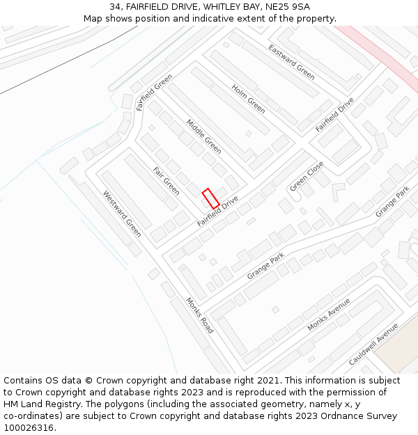 34, FAIRFIELD DRIVE, WHITLEY BAY, NE25 9SA: Location map and indicative extent of plot