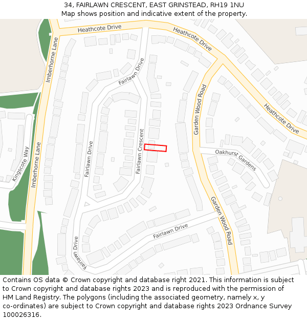 34, FAIRLAWN CRESCENT, EAST GRINSTEAD, RH19 1NU: Location map and indicative extent of plot