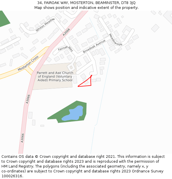 34, FAIROAK WAY, MOSTERTON, BEAMINSTER, DT8 3JQ: Location map and indicative extent of plot