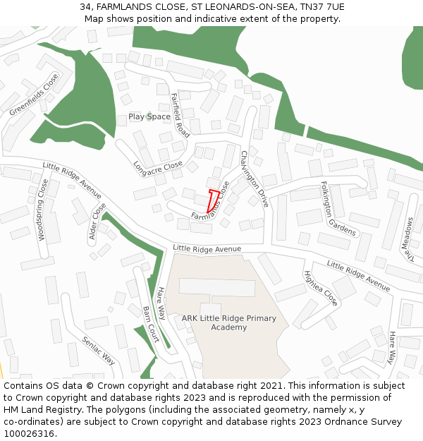 34, FARMLANDS CLOSE, ST LEONARDS-ON-SEA, TN37 7UE: Location map and indicative extent of plot