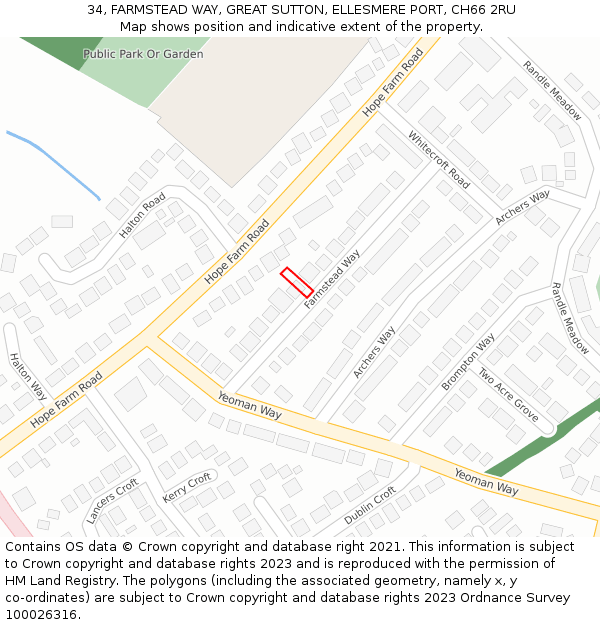 34, FARMSTEAD WAY, GREAT SUTTON, ELLESMERE PORT, CH66 2RU: Location map and indicative extent of plot