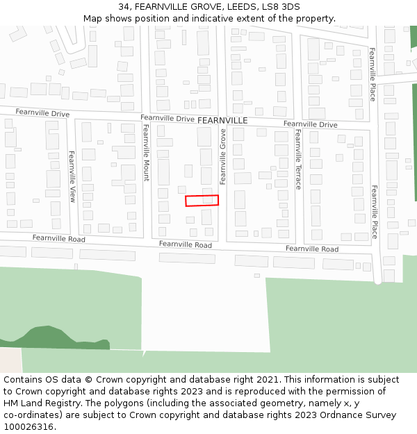 34, FEARNVILLE GROVE, LEEDS, LS8 3DS: Location map and indicative extent of plot