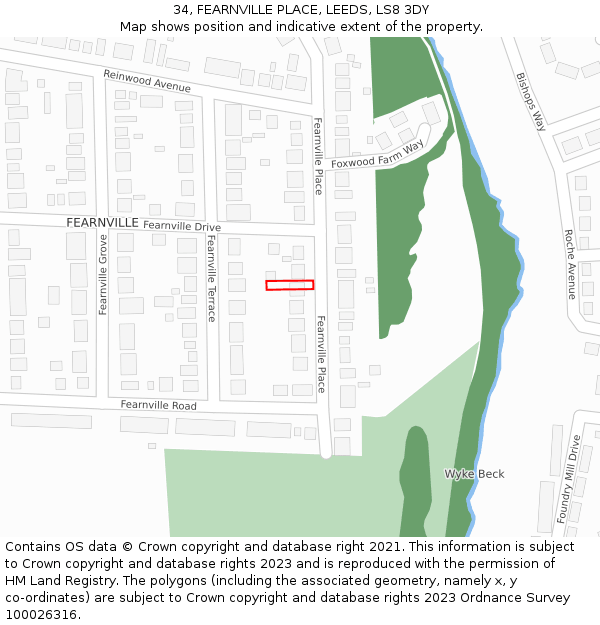 34, FEARNVILLE PLACE, LEEDS, LS8 3DY: Location map and indicative extent of plot