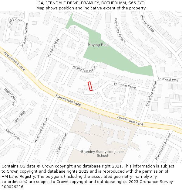 34, FERNDALE DRIVE, BRAMLEY, ROTHERHAM, S66 3YD: Location map and indicative extent of plot