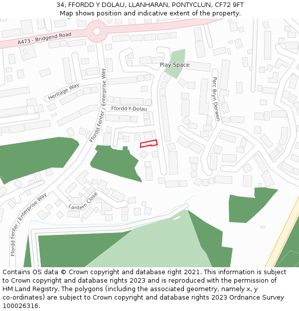 34, FFORDD Y DOLAU, LLANHARAN, PONTYCLUN, CF72 9FT: Location map and indicative extent of plot