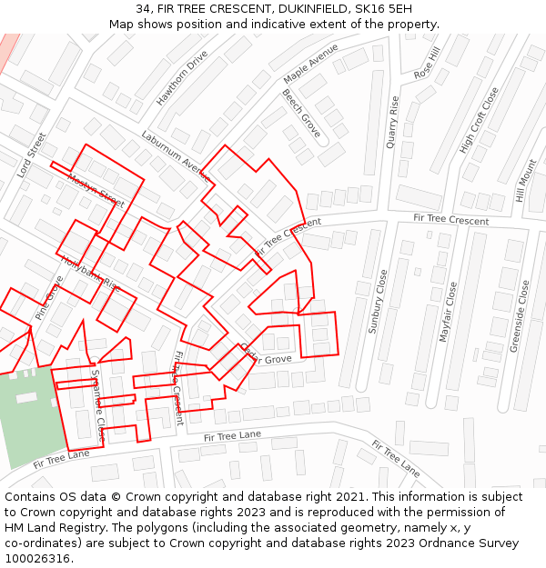 34, FIR TREE CRESCENT, DUKINFIELD, SK16 5EH: Location map and indicative extent of plot
