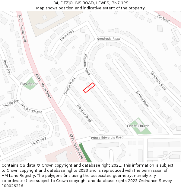 34, FITZJOHNS ROAD, LEWES, BN7 1PS: Location map and indicative extent of plot