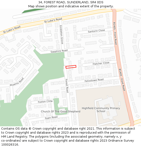 34, FOREST ROAD, SUNDERLAND, SR4 0DS: Location map and indicative extent of plot