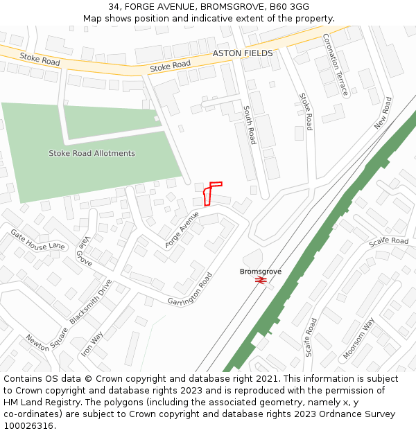34, FORGE AVENUE, BROMSGROVE, B60 3GG: Location map and indicative extent of plot