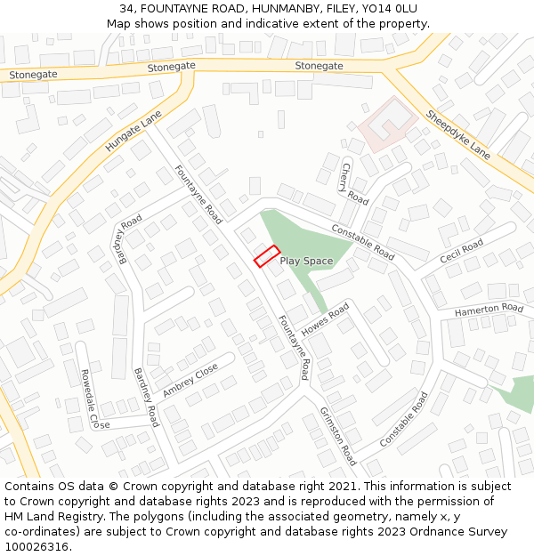 34, FOUNTAYNE ROAD, HUNMANBY, FILEY, YO14 0LU: Location map and indicative extent of plot