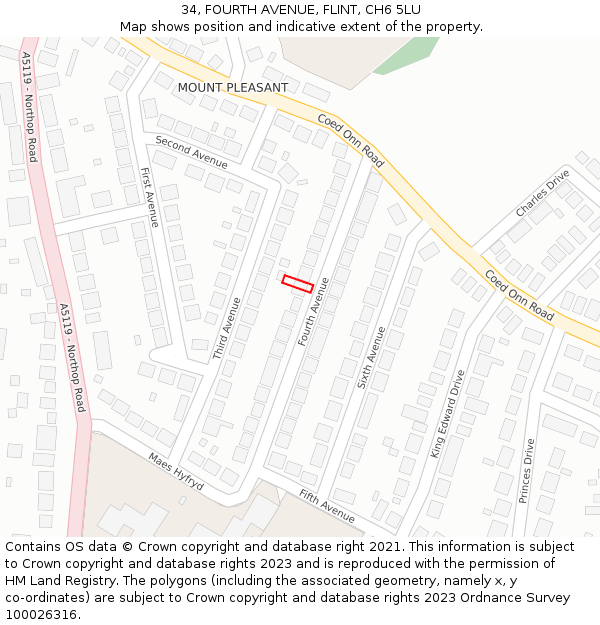 34, FOURTH AVENUE, FLINT, CH6 5LU: Location map and indicative extent of plot