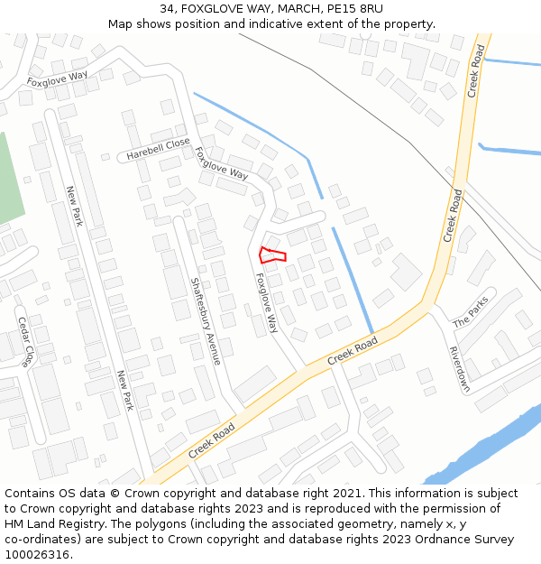 34, FOXGLOVE WAY, MARCH, PE15 8RU: Location map and indicative extent of plot