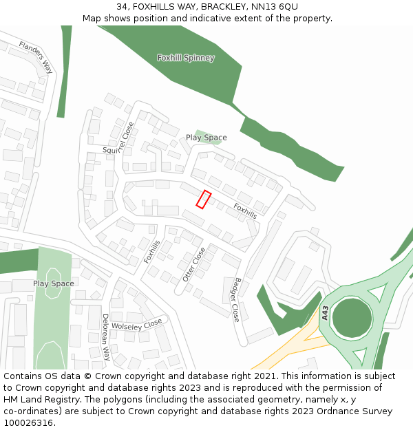 34, FOXHILLS WAY, BRACKLEY, NN13 6QU: Location map and indicative extent of plot