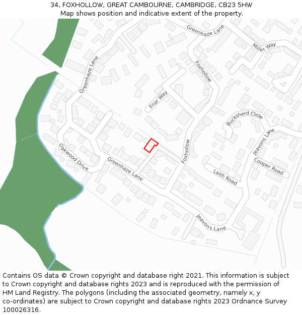 34, FOXHOLLOW, GREAT CAMBOURNE, CAMBRIDGE, CB23 5HW: Location map and indicative extent of plot