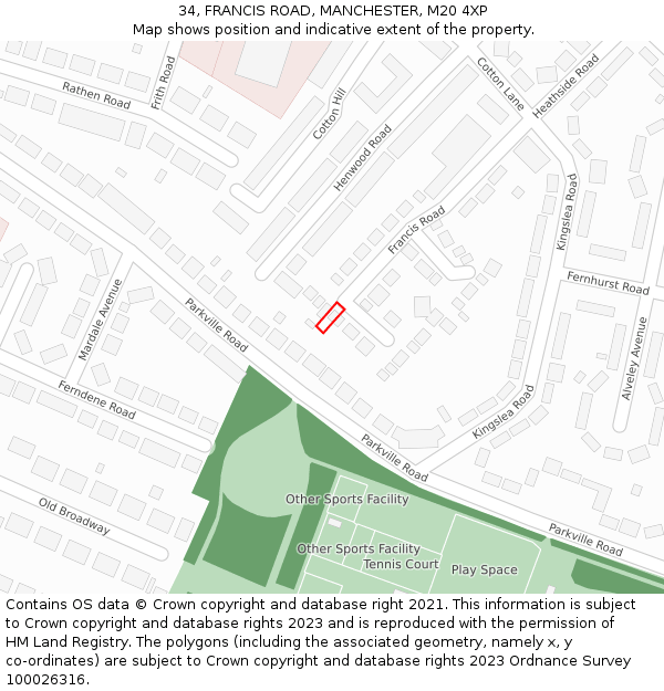 34, FRANCIS ROAD, MANCHESTER, M20 4XP: Location map and indicative extent of plot