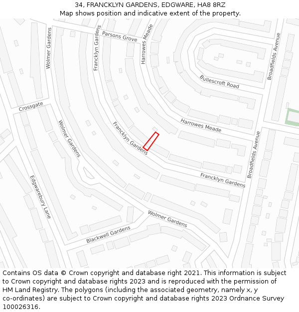 34, FRANCKLYN GARDENS, EDGWARE, HA8 8RZ: Location map and indicative extent of plot