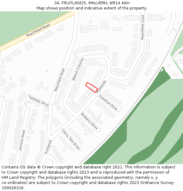 34, FRUITLANDS, MALVERN, WR14 4AH: Location map and indicative extent of plot