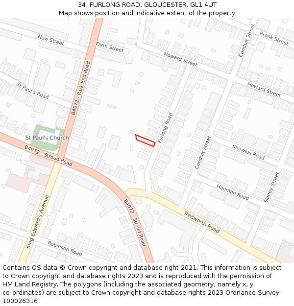 34, FURLONG ROAD, GLOUCESTER, GL1 4UT: Location map and indicative extent of plot
