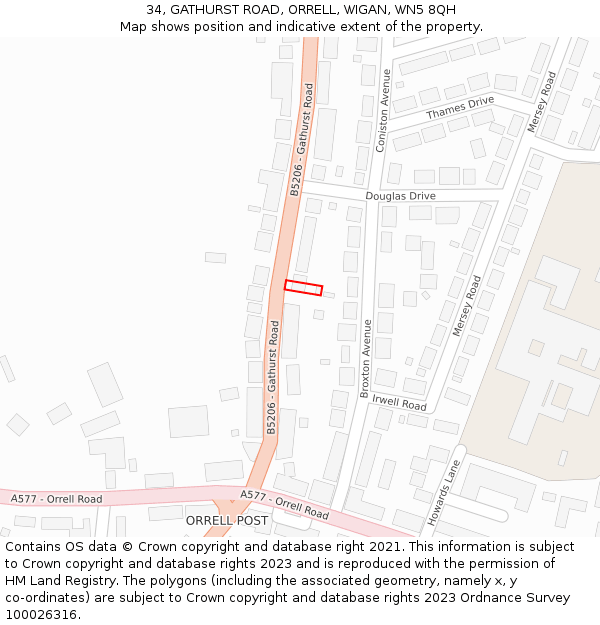 34, GATHURST ROAD, ORRELL, WIGAN, WN5 8QH: Location map and indicative extent of plot
