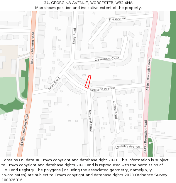 34, GEORGINA AVENUE, WORCESTER, WR2 4NA: Location map and indicative extent of plot