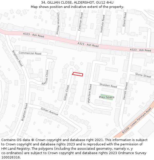 34, GILLIAN CLOSE, ALDERSHOT, GU12 4HU: Location map and indicative extent of plot