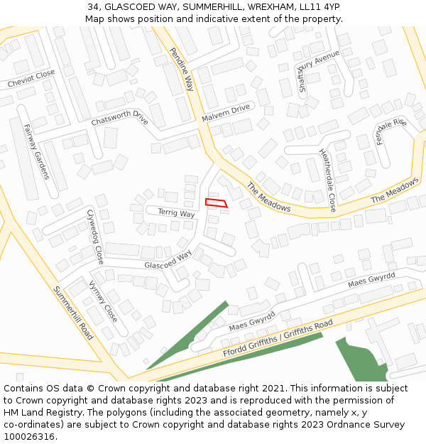 34, GLASCOED WAY, SUMMERHILL, WREXHAM, LL11 4YP: Location map and indicative extent of plot