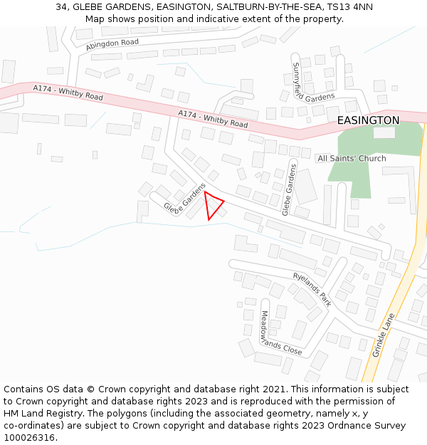 34, GLEBE GARDENS, EASINGTON, SALTBURN-BY-THE-SEA, TS13 4NN: Location map and indicative extent of plot