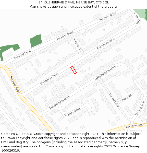 34, GLENBERVIE DRIVE, HERNE BAY, CT6 6QL: Location map and indicative extent of plot