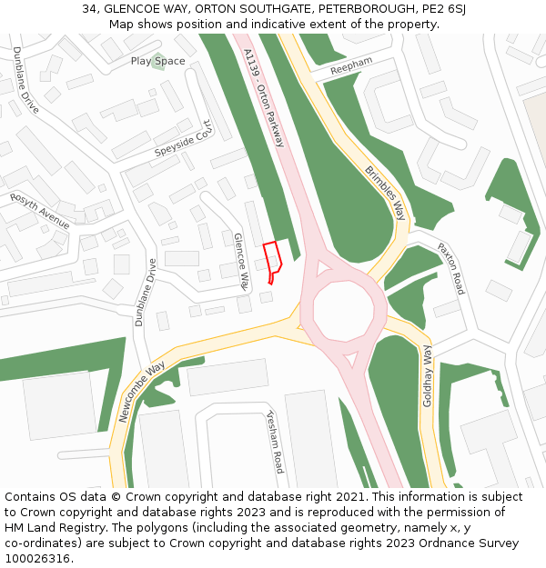 34, GLENCOE WAY, ORTON SOUTHGATE, PETERBOROUGH, PE2 6SJ: Location map and indicative extent of plot