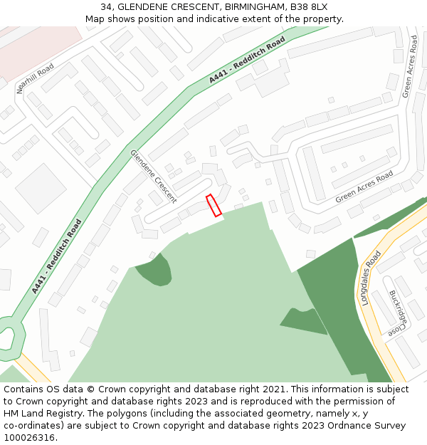 34, GLENDENE CRESCENT, BIRMINGHAM, B38 8LX: Location map and indicative extent of plot