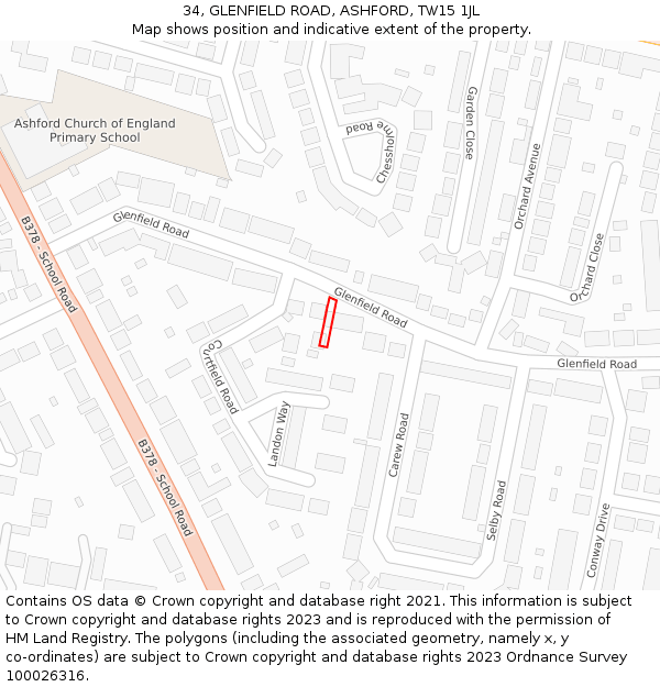 34, GLENFIELD ROAD, ASHFORD, TW15 1JL: Location map and indicative extent of plot